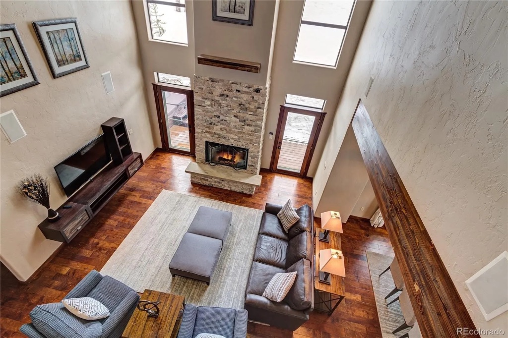 Living Room - Stone Fireplace Overhead View