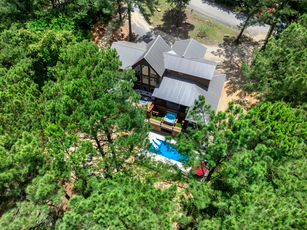 Aerial View - Lodge & Pool in Forest