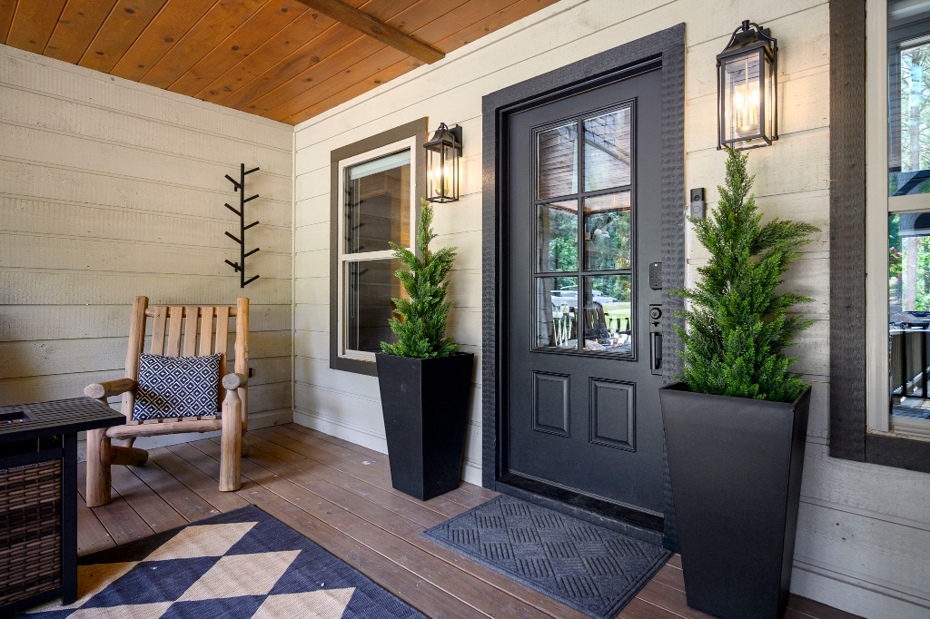 Front Entry - Black Door with Lanterns & Topiaries