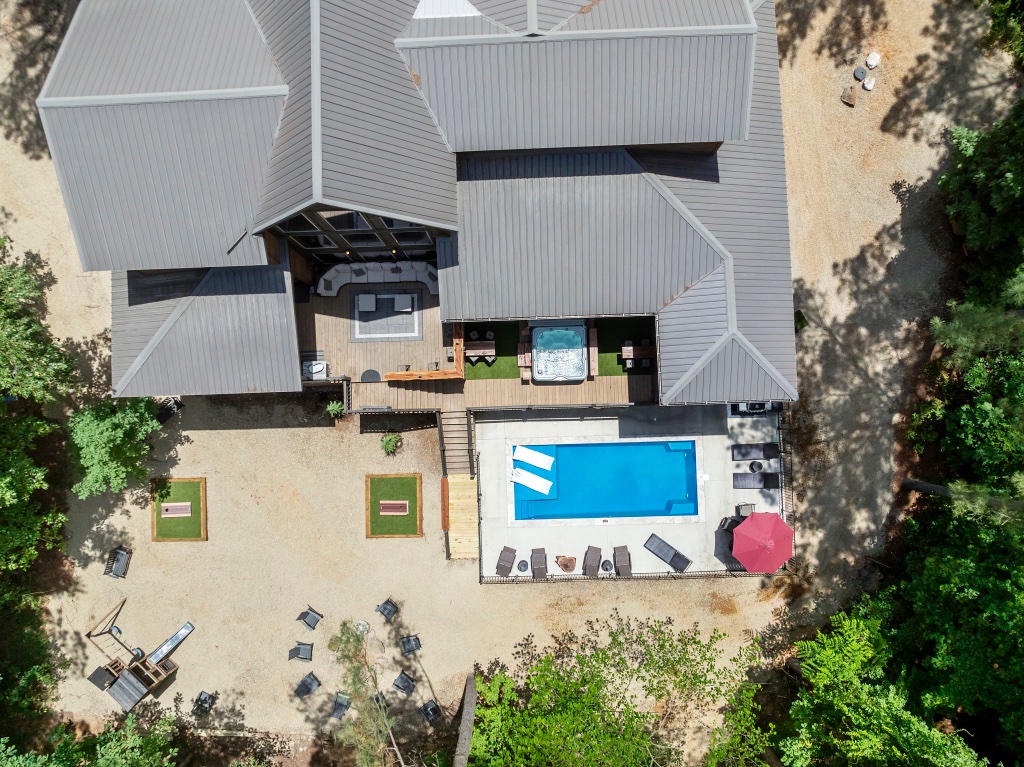 Aerial View - Pool, Hot Tub & Gravel Yard