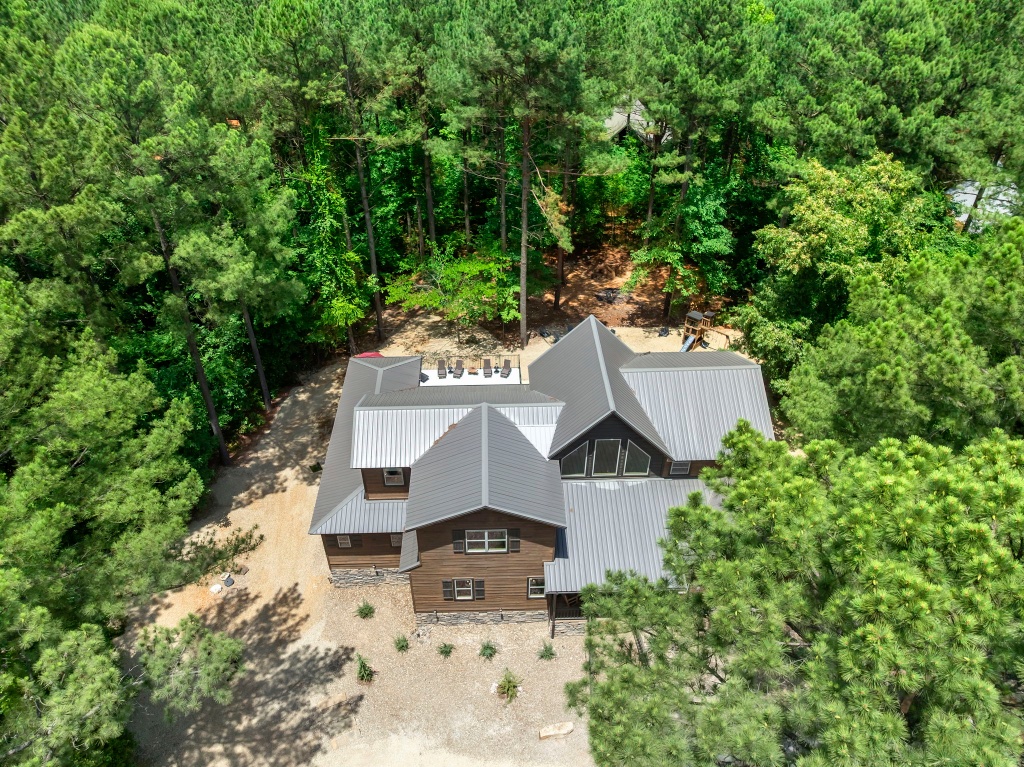 Aerial View - Lodge with Gravel Driveway & Playset