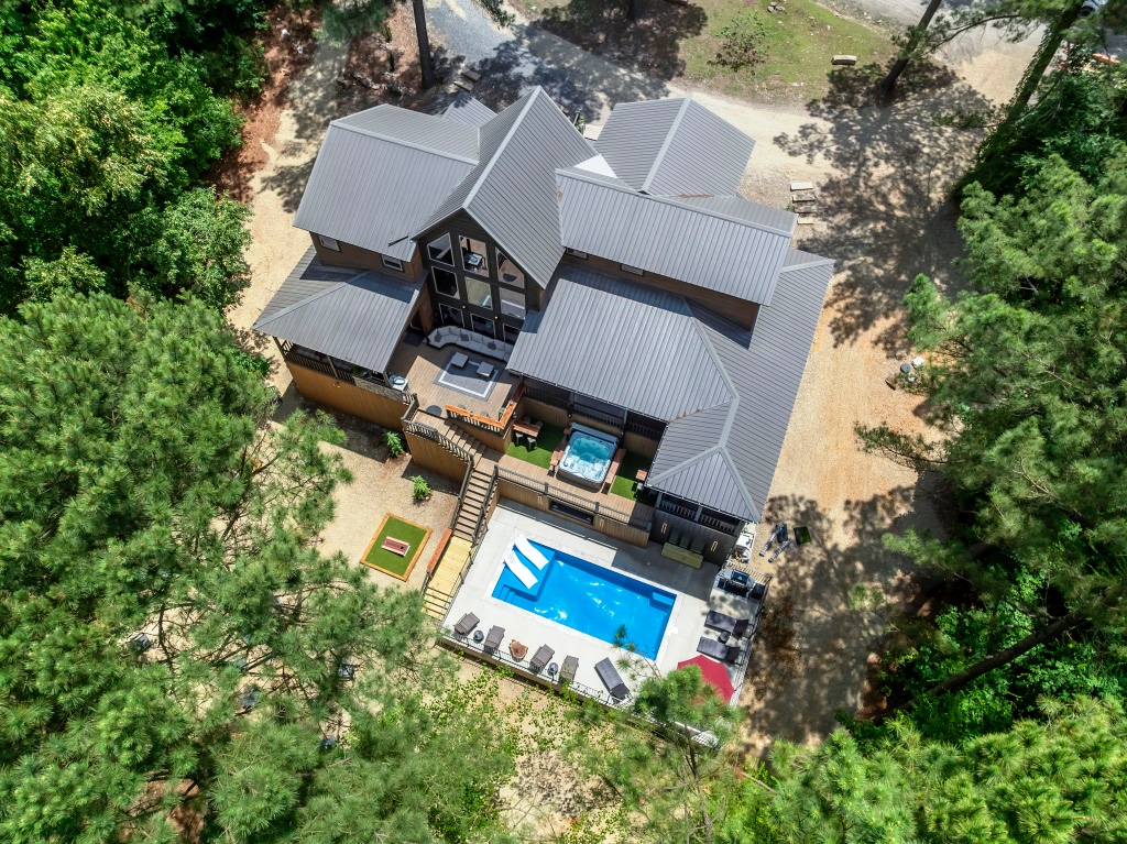 Aerial View - Lodge with Pool & Cornhole