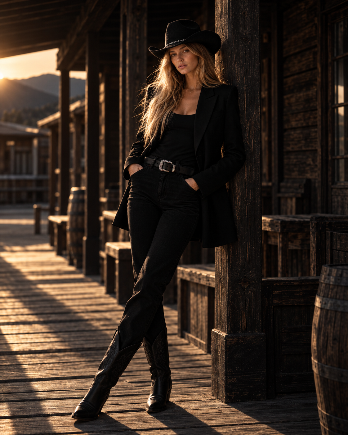 Model wearing the Black Yin cowboy hat at golden hour