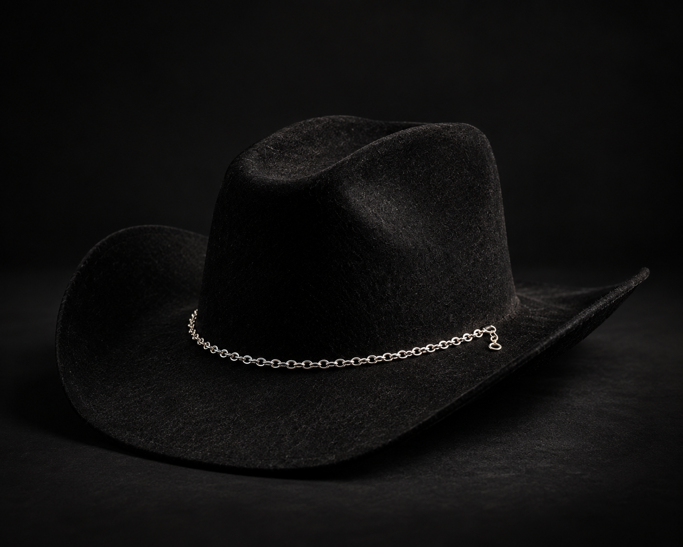 Side view highlighting the silver chain on the Black Yin cowboy hat