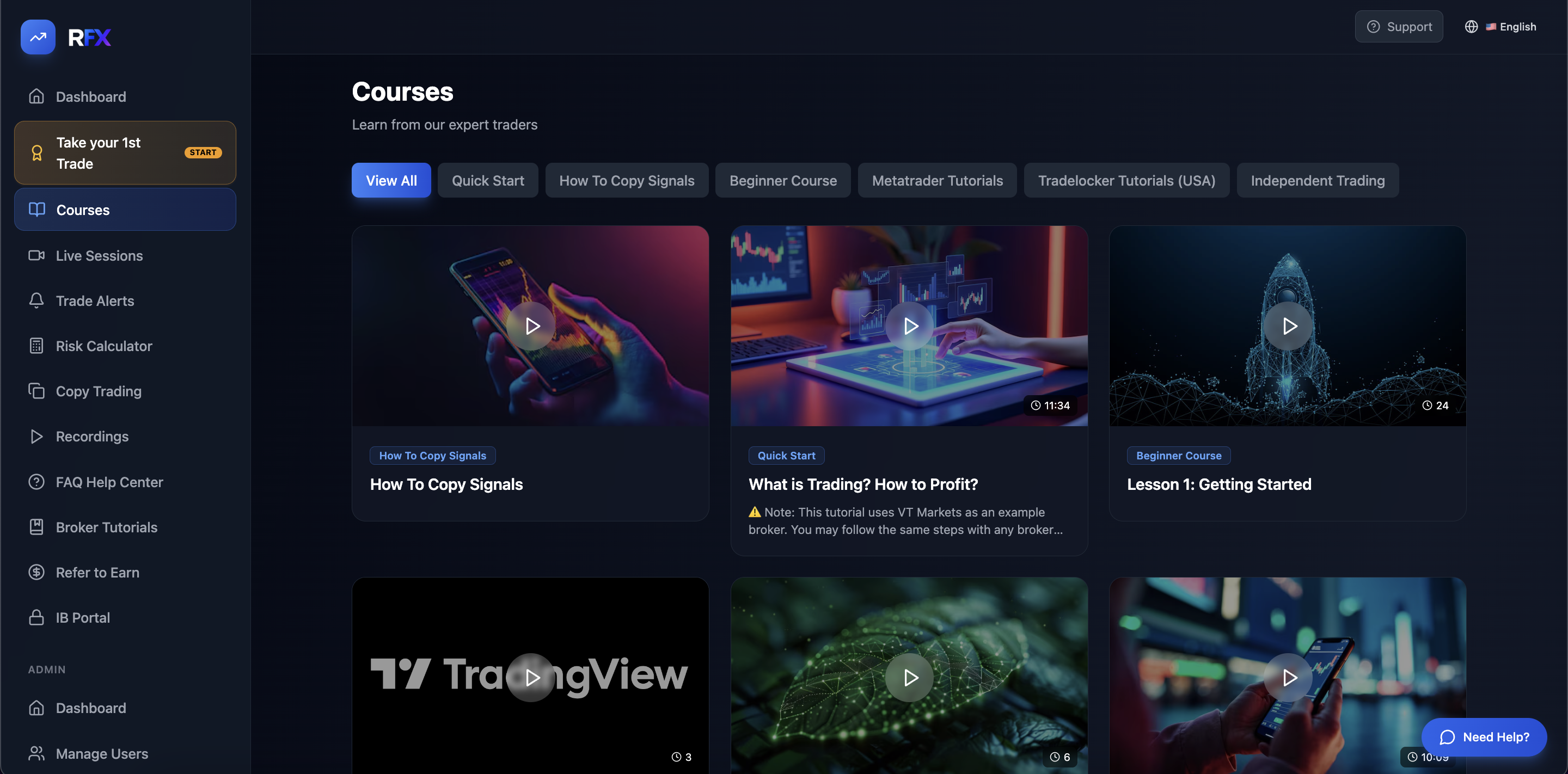 RFX Academy courses dashboard