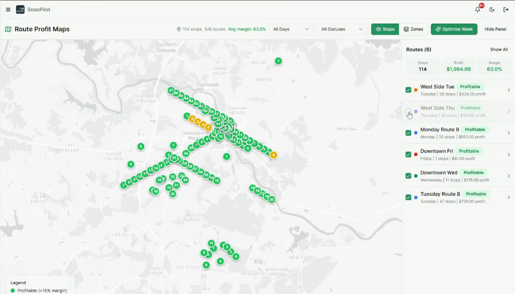 ScooPilot Route Profit Maps — see profit margin and stop count by route