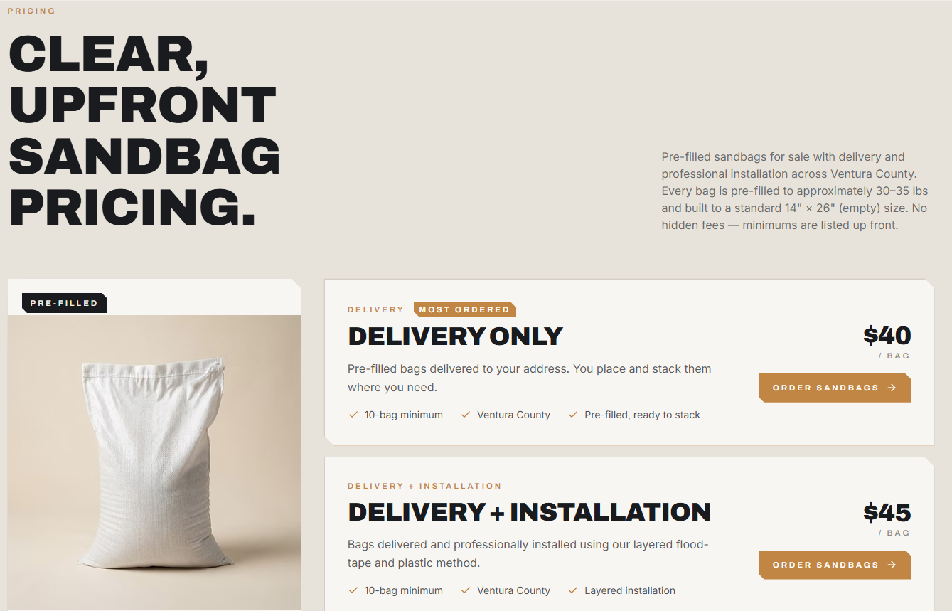 Ventura County Sand Bags pricing page — clear upfront per-bag pricing for delivery and installation