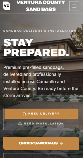 Ventura County Sand Bags mobile hero — 'Stay Prepared' with delivery and installation buttons
