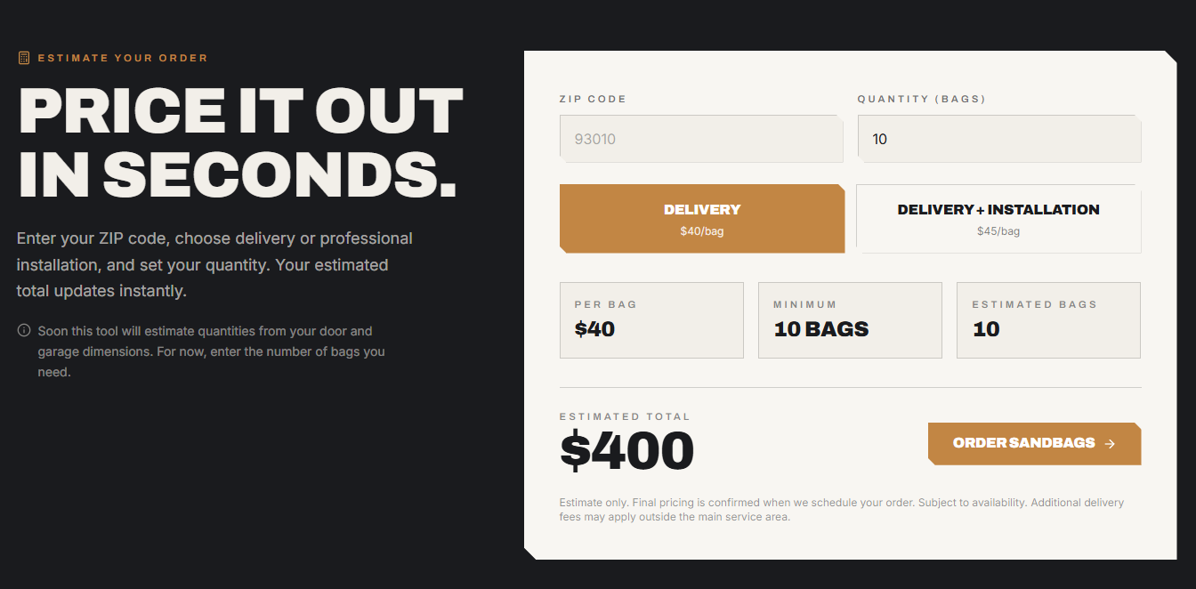Ventura County Sand Bags interactive pricing calculator — ZIP-based real-time order estimator