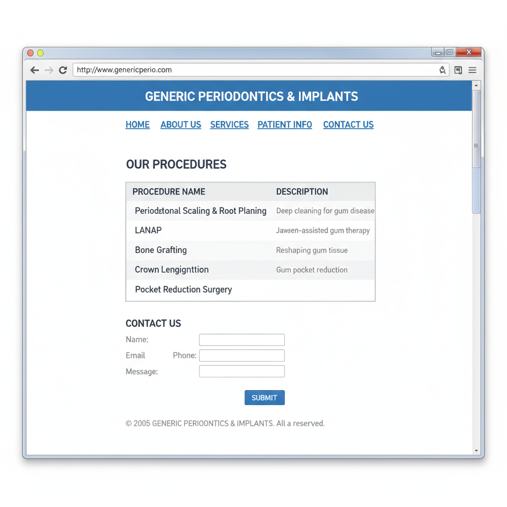 Example of an older specialty healthcare website layout organized around procedure names
