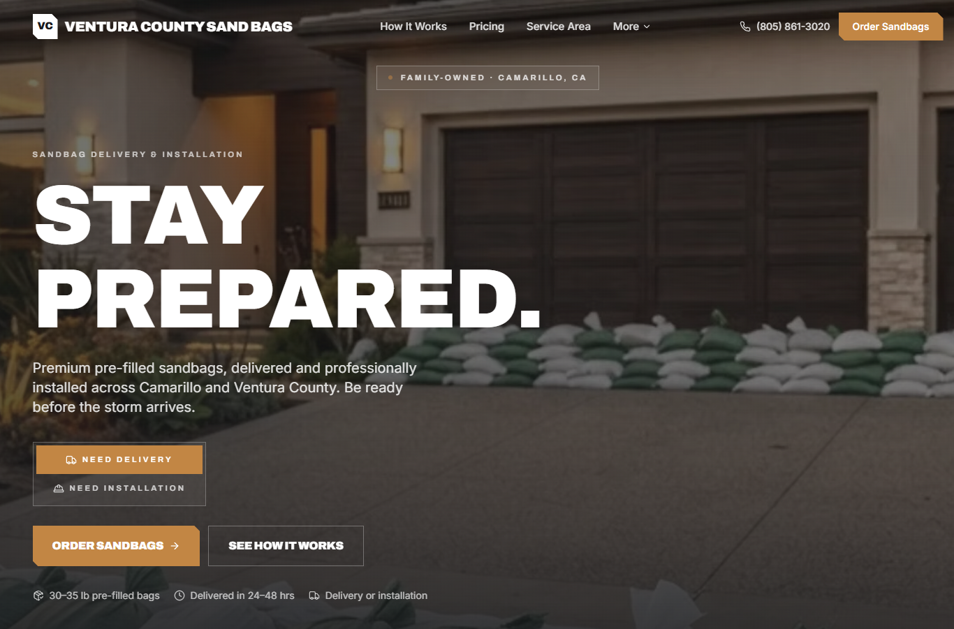 Ventura County Sand Bags homepage — desktop hero with 'Stay Prepared' headline over a residential garage