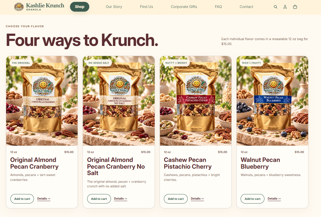 Kashlie Krunch product detail page — four flavor collection