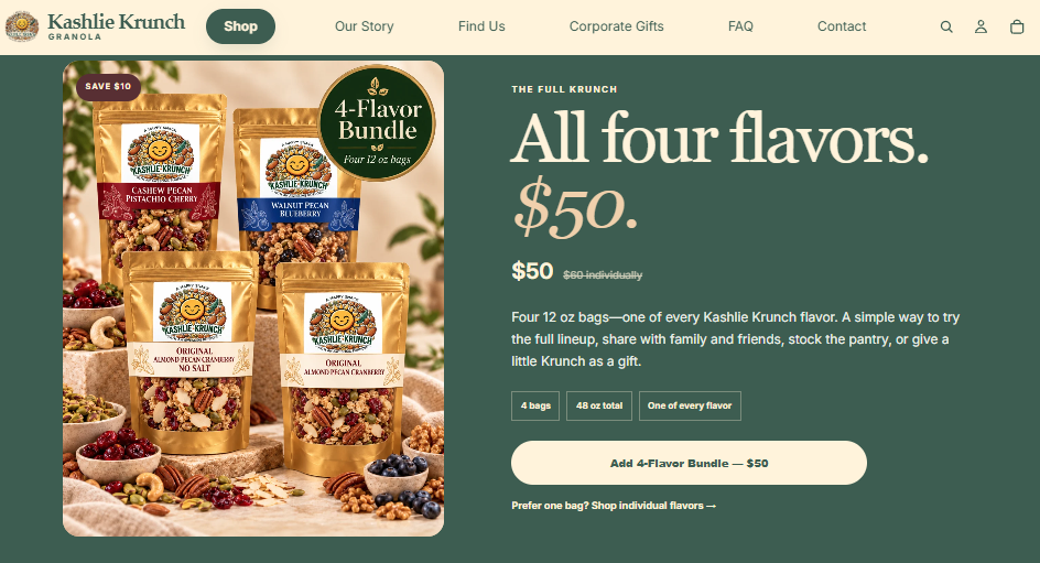 Kashlie Krunch mobile — 4-flavor bundle section