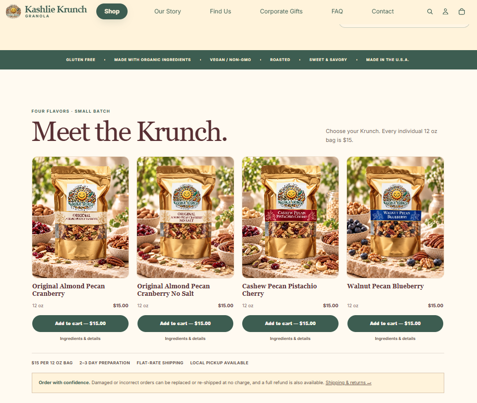 Kashlie Krunch homepage — Meet the Krunch product section