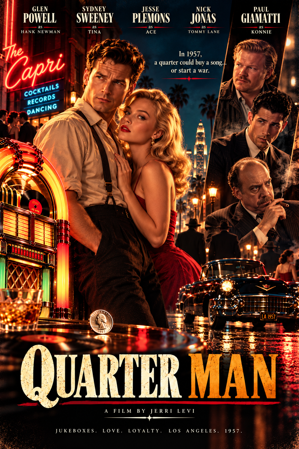 Quarter Man concept film poster: neon 1957 Los Angeles nightlife, jukebox, period car and a speculative ensemble cast