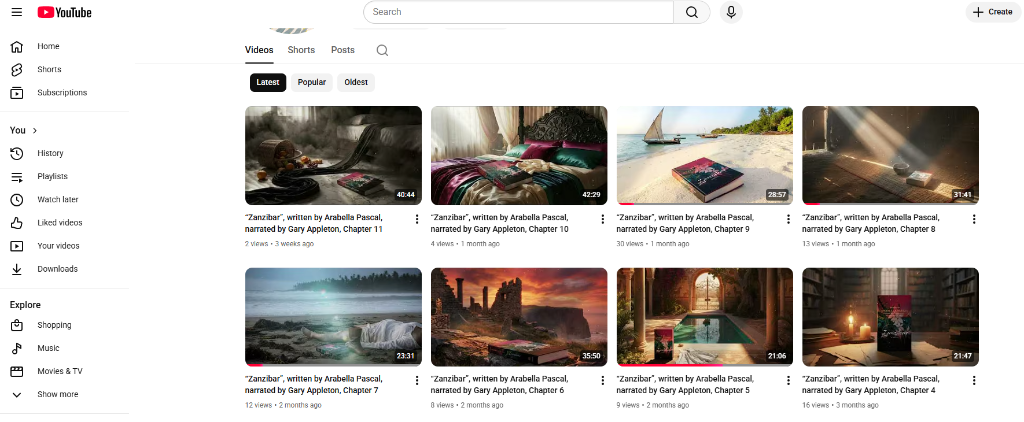 Arabella Pascal YouTube channel showing chapter-by-chapter audiobook summaries for Zanzibar — book marketing on social media