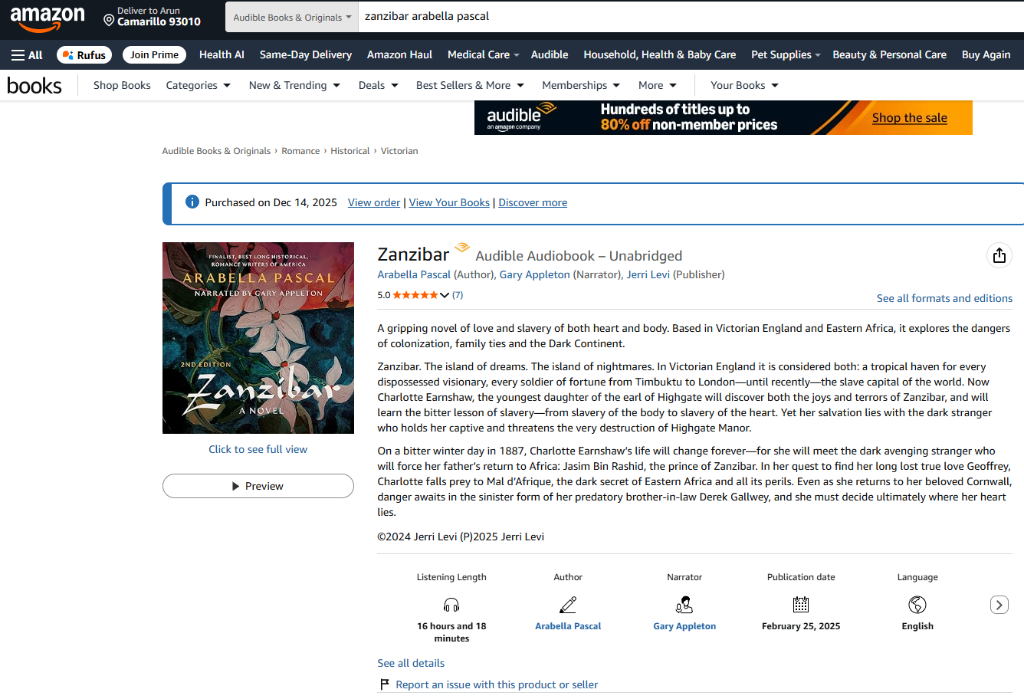 Zanzibar audiobook by Arabella Pascal on Amazon Audible — 5-star rated historical novel, how to market your book on Amazon