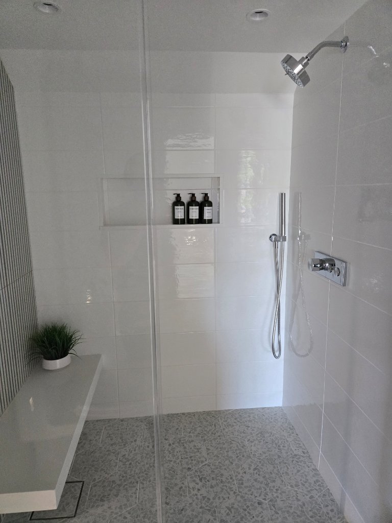 Walk-in shower with frameless glass