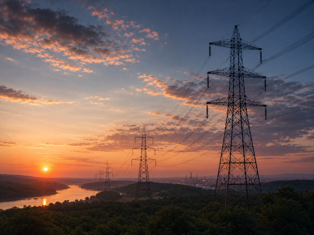 Stromnetz mit Hochspannungsmasten im Sonnenuntergang