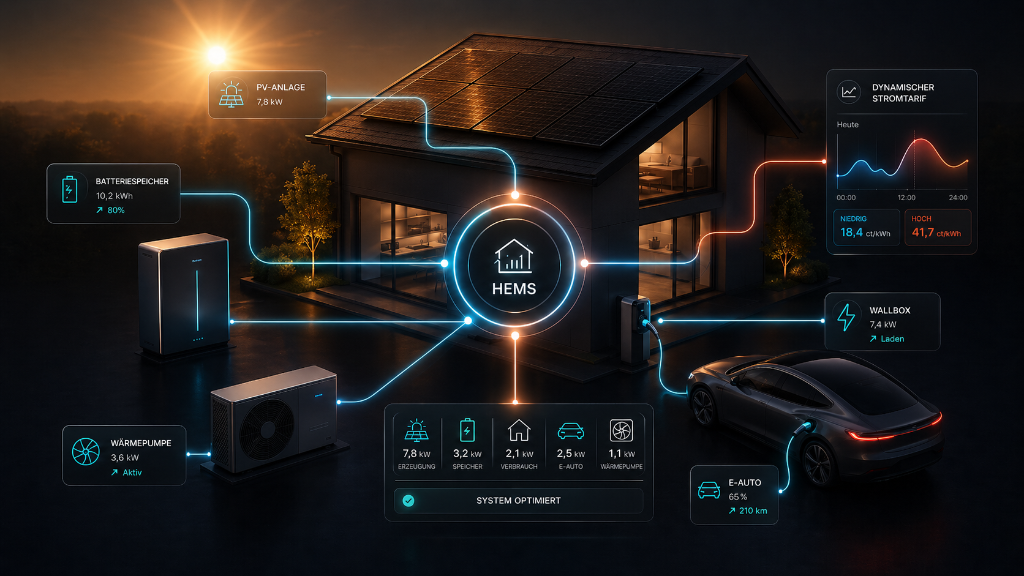 Vernetztes Energiesystem mit Photovoltaik, Stromspeicher, Wärmepumpe und E-Mobilität