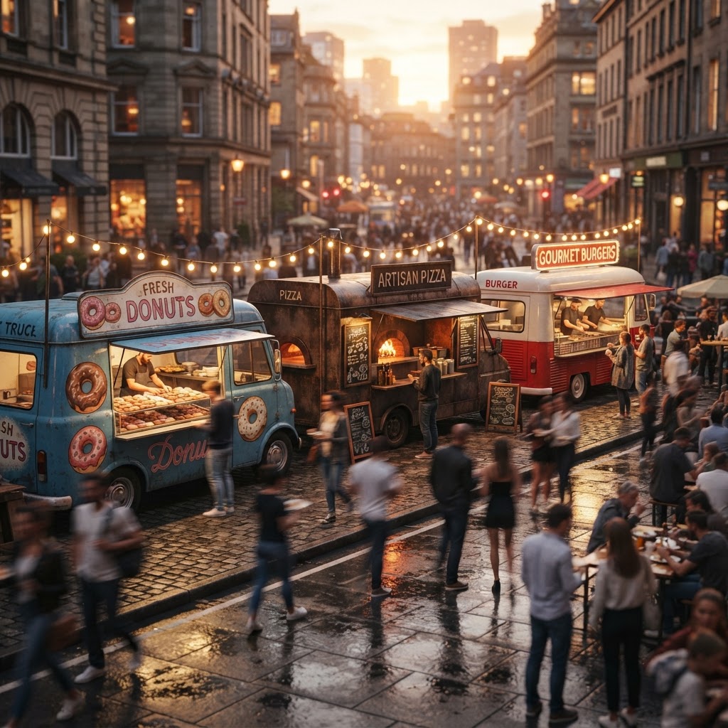 Moderni foodtruck iltahämärässä ulkoilmamarkkinalla