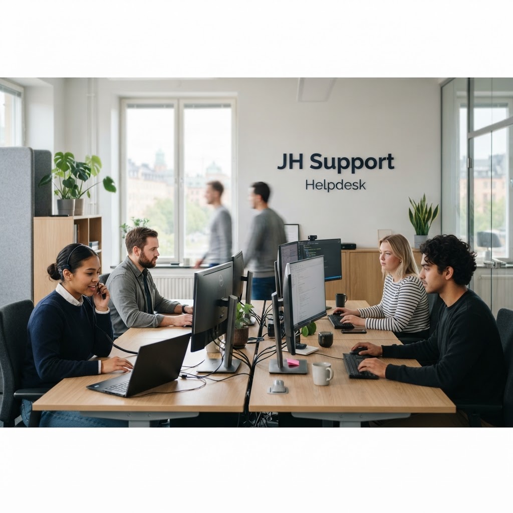 Tekniker som arbetar på JH Supports helpdesk i Stockholm