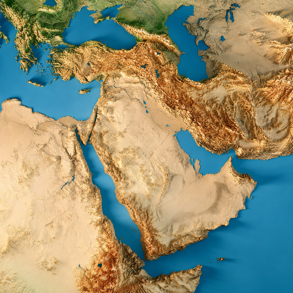 Barren desert terrain relief map of the Arabian Peninsula