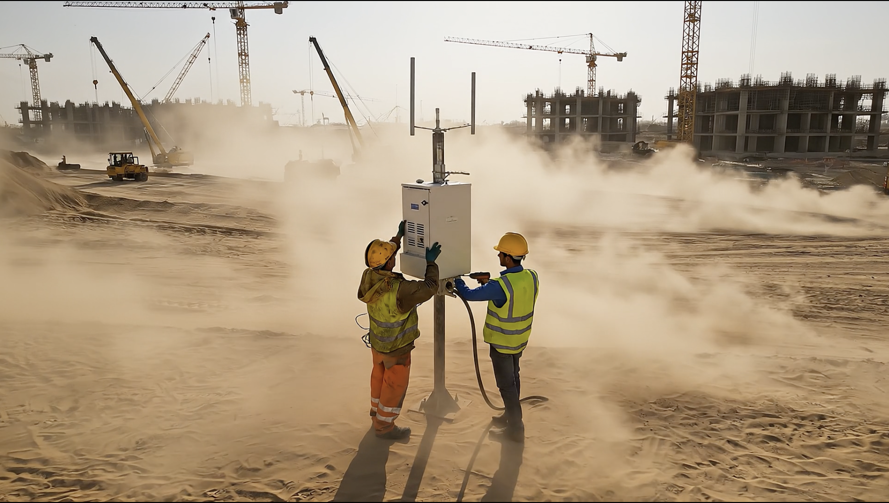 Sela Agrico technicians installing a real-time dust monitoring station at a Saudi construction site