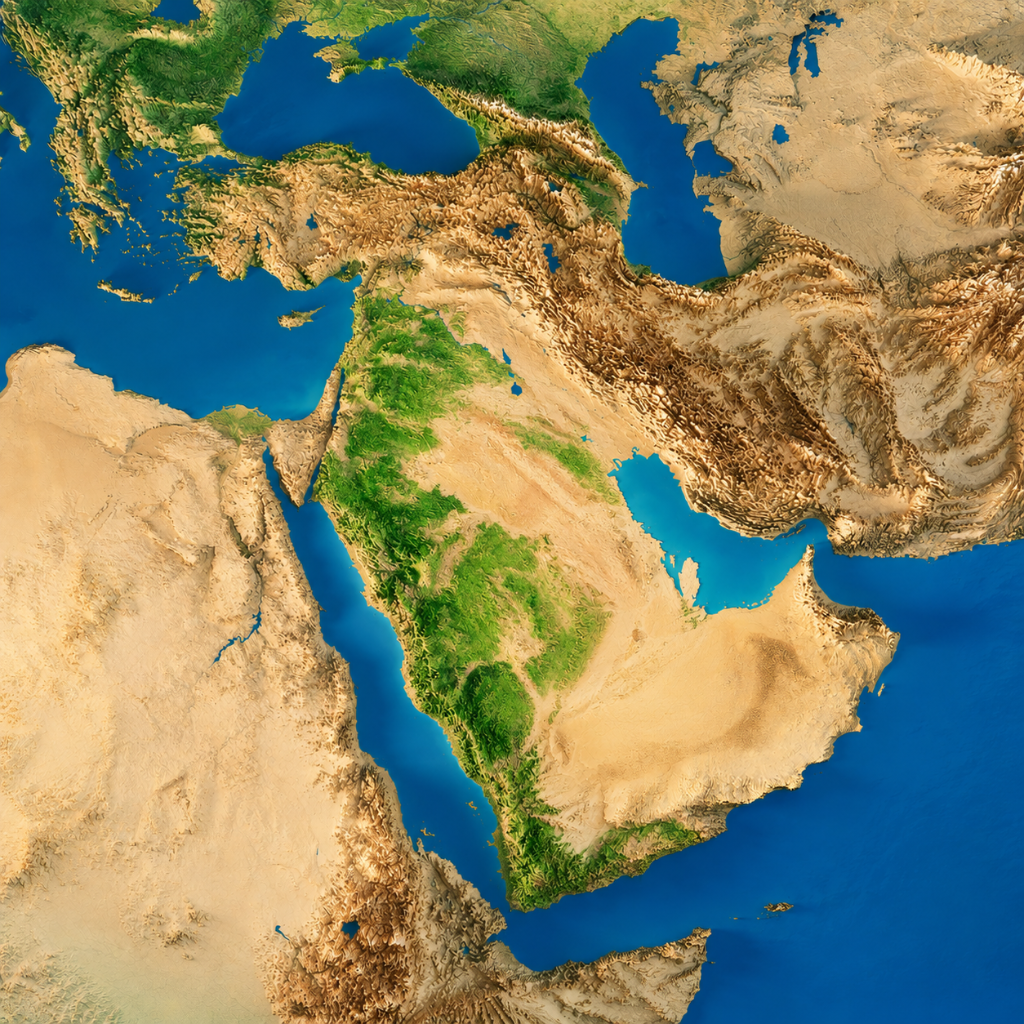 Greened terrain relief map of the Arabian Peninsula after Sela Agrico transformation