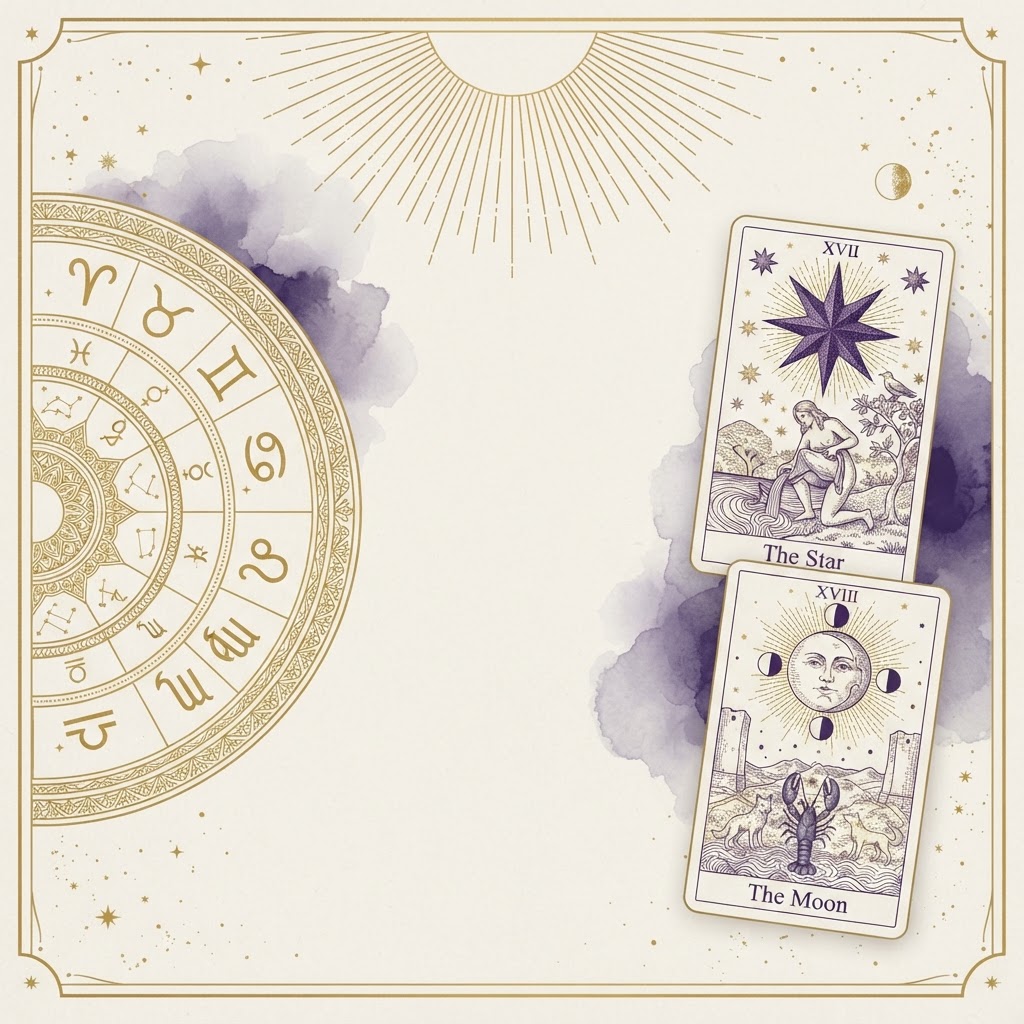 Roue zodiacale dorée et cartes de tarot sur fond ivoire