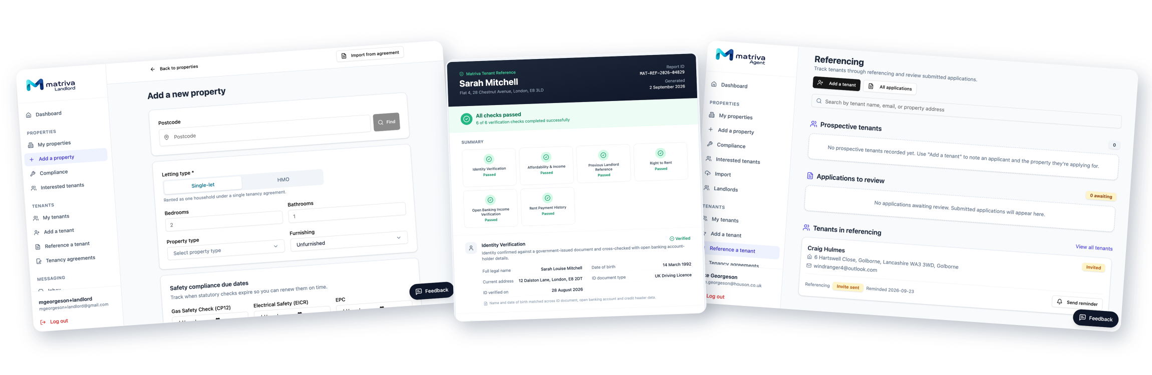 Matriva platform showing the landlord add-property form, agent referencing hub and a verified tenant reference report