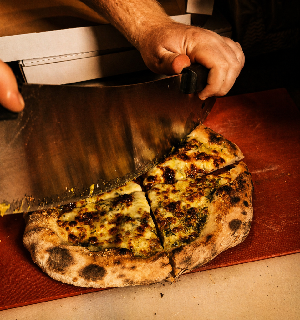 Pizza being sliced