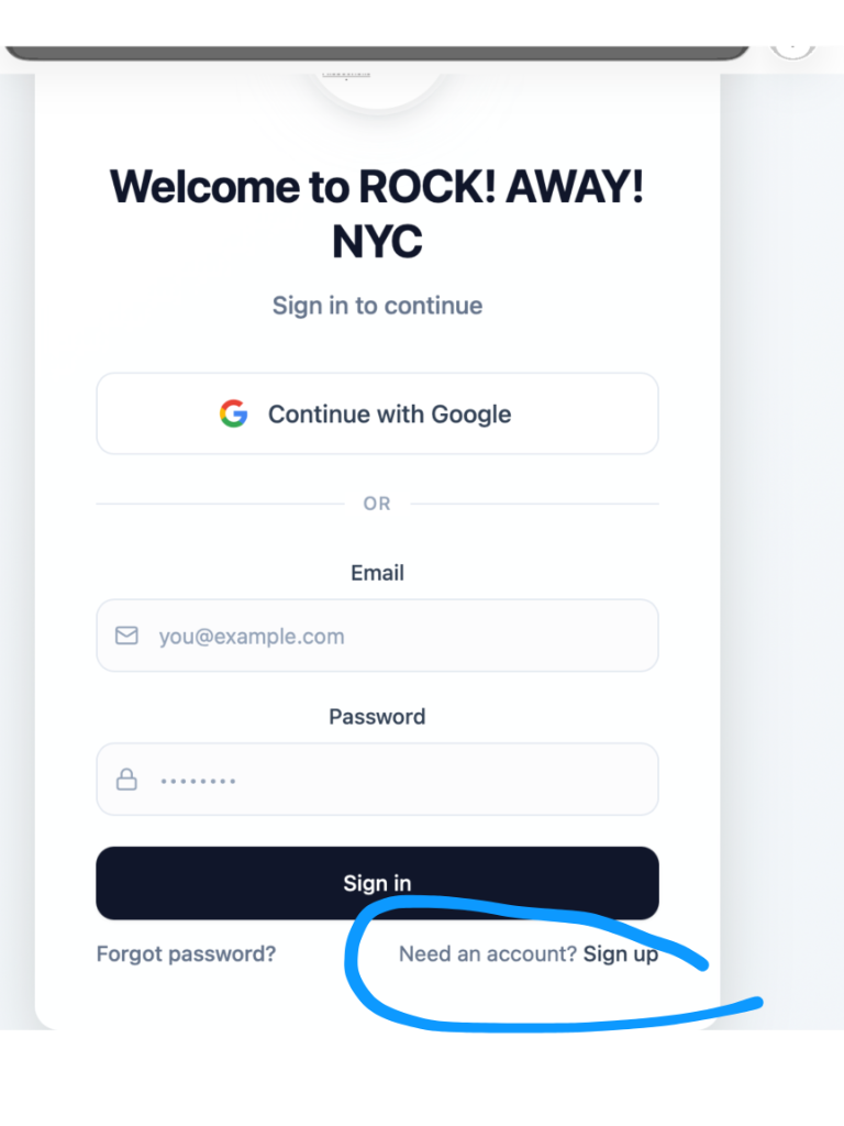 Sign-in page showing where to find 'Need an account? Sign up' (highlighted)