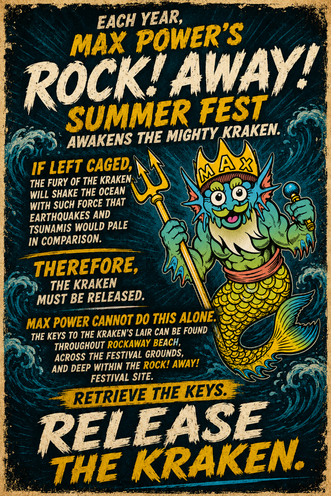 Each year, Max Power's ROCK! AWAY! Summer Fest awakens the mighty Kraken — retrieve the keys, release the Kraken.
