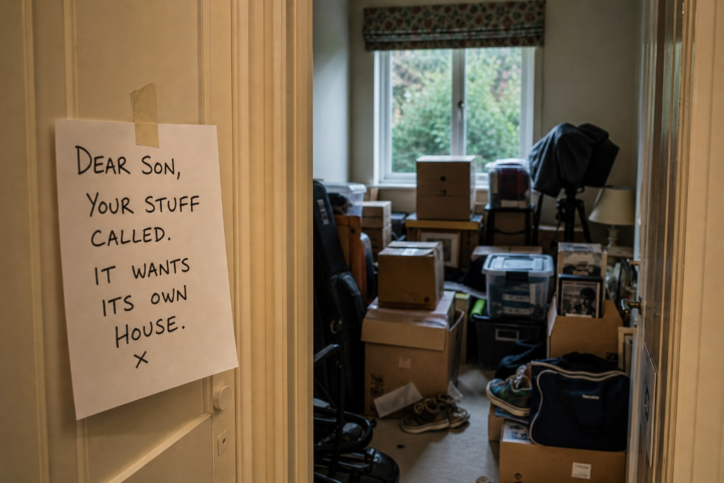 Dear Son, Your Stuff Called. It Wants Its Own House.