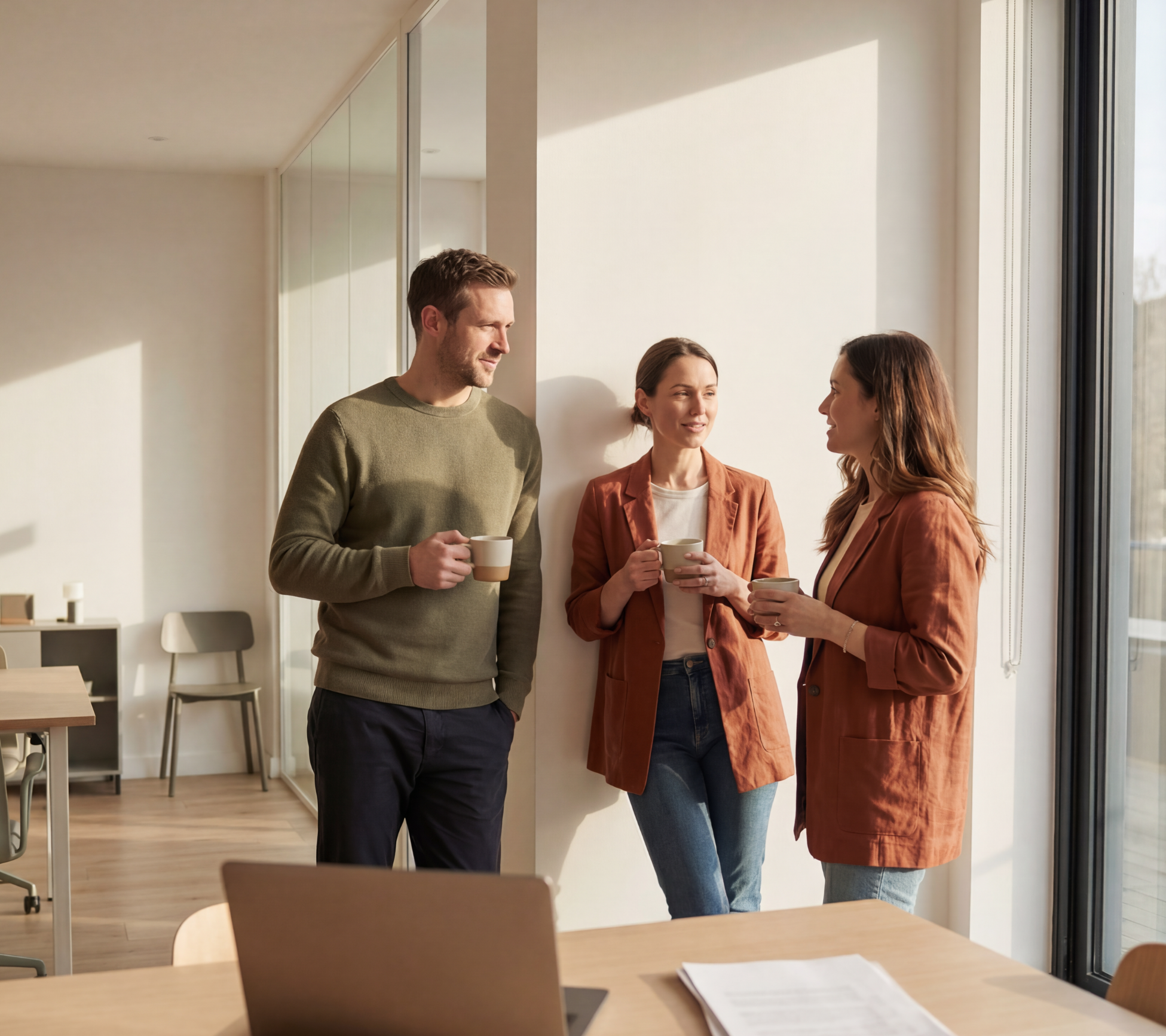 Three colleagues in an office talking together over coffee by a window