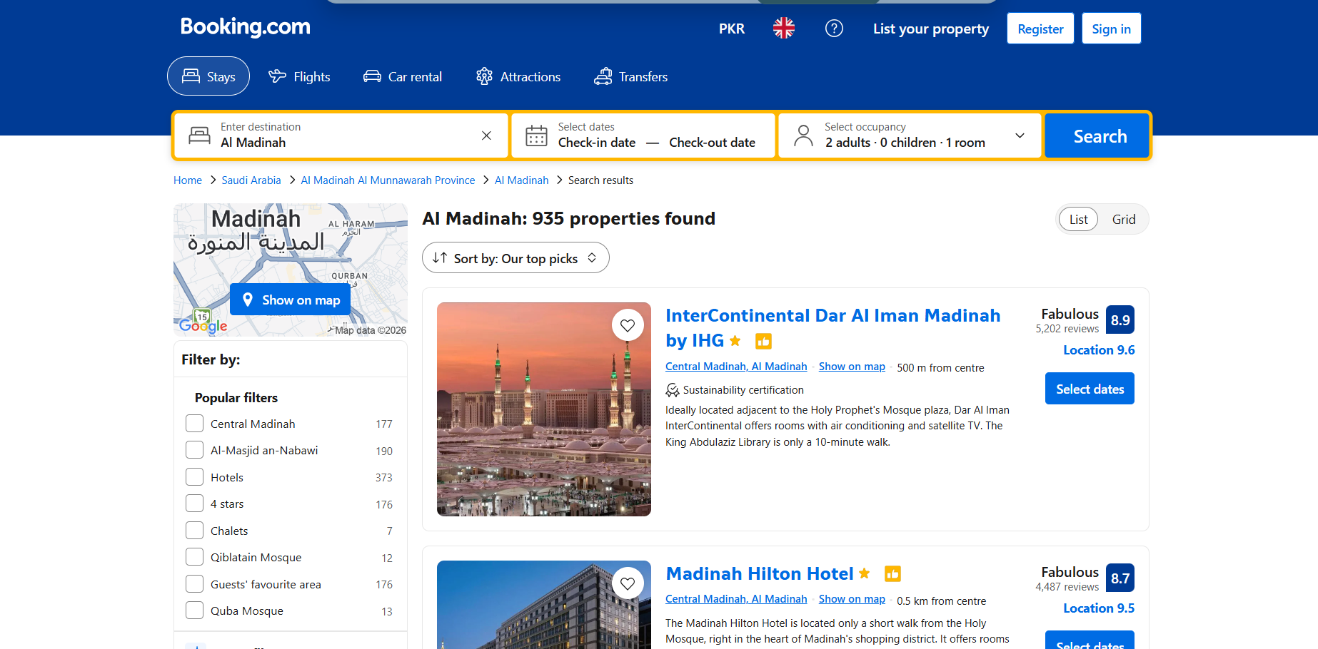 Booking.com Madinah hotels search results screenshot