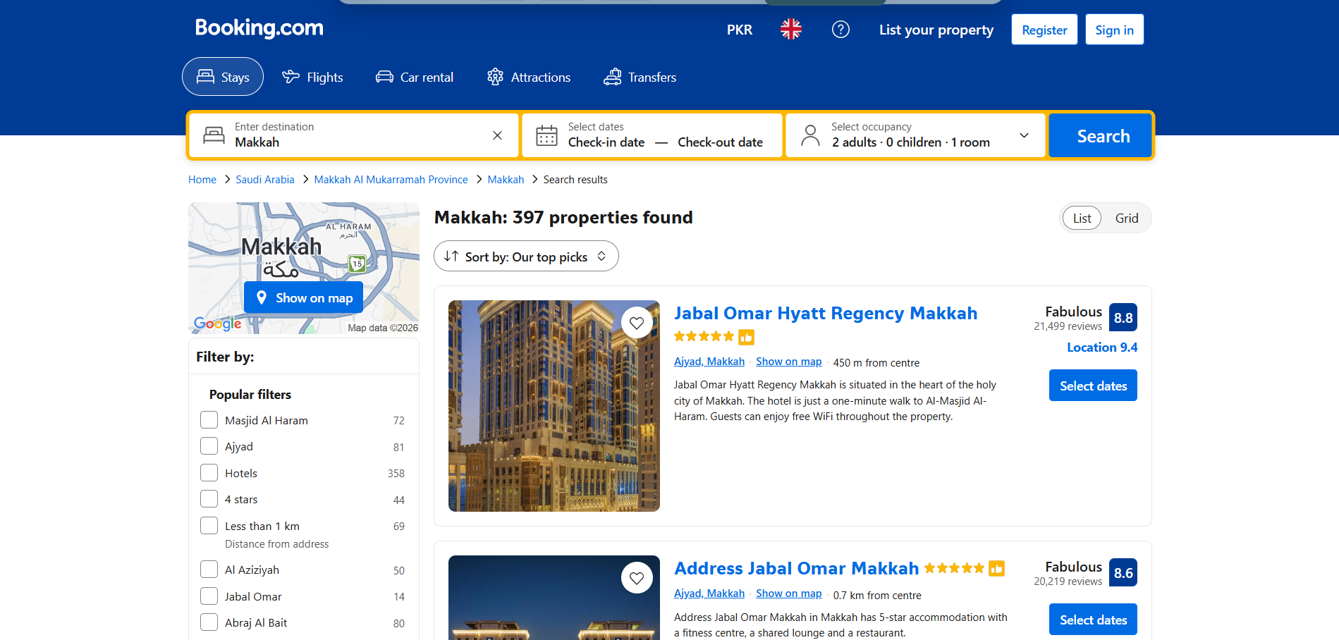 Booking.com Makkah hotels search results screenshot