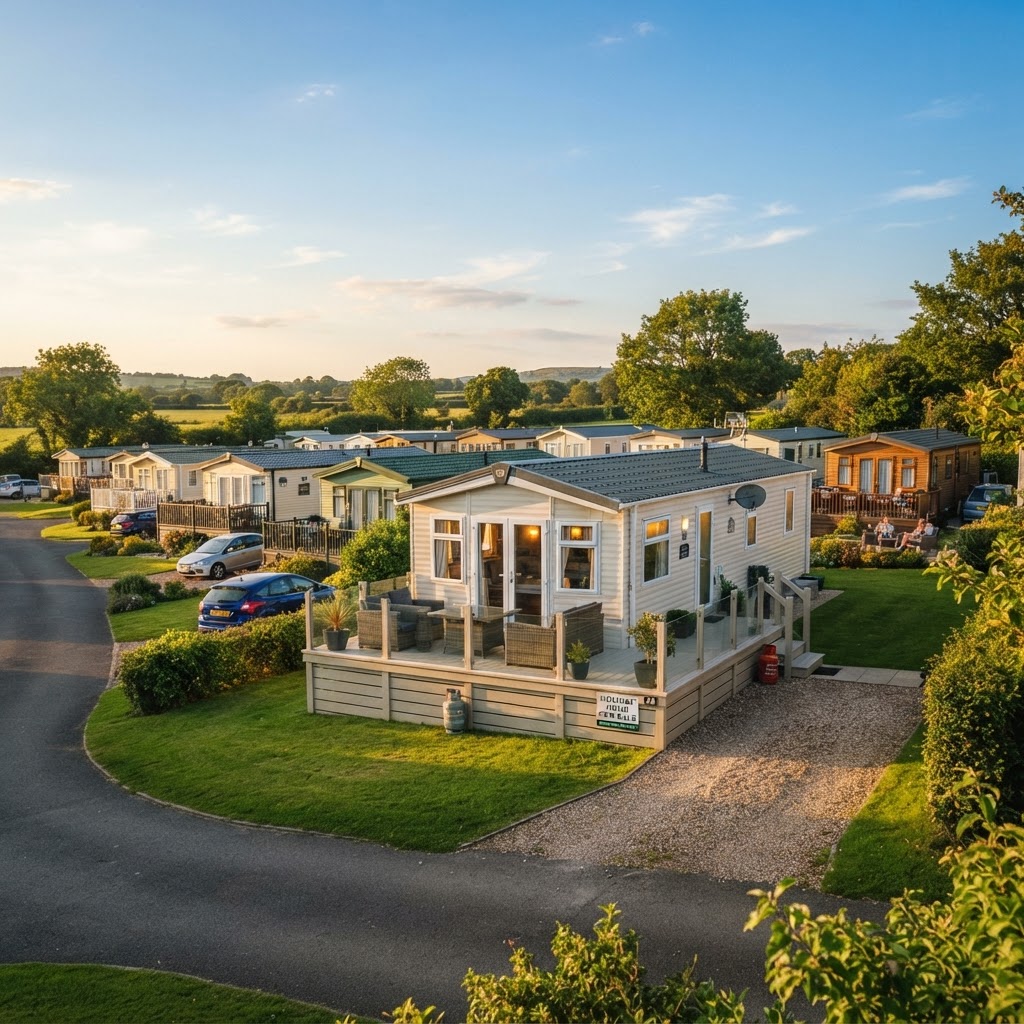 Static caravan on a UK holiday park at golden hour