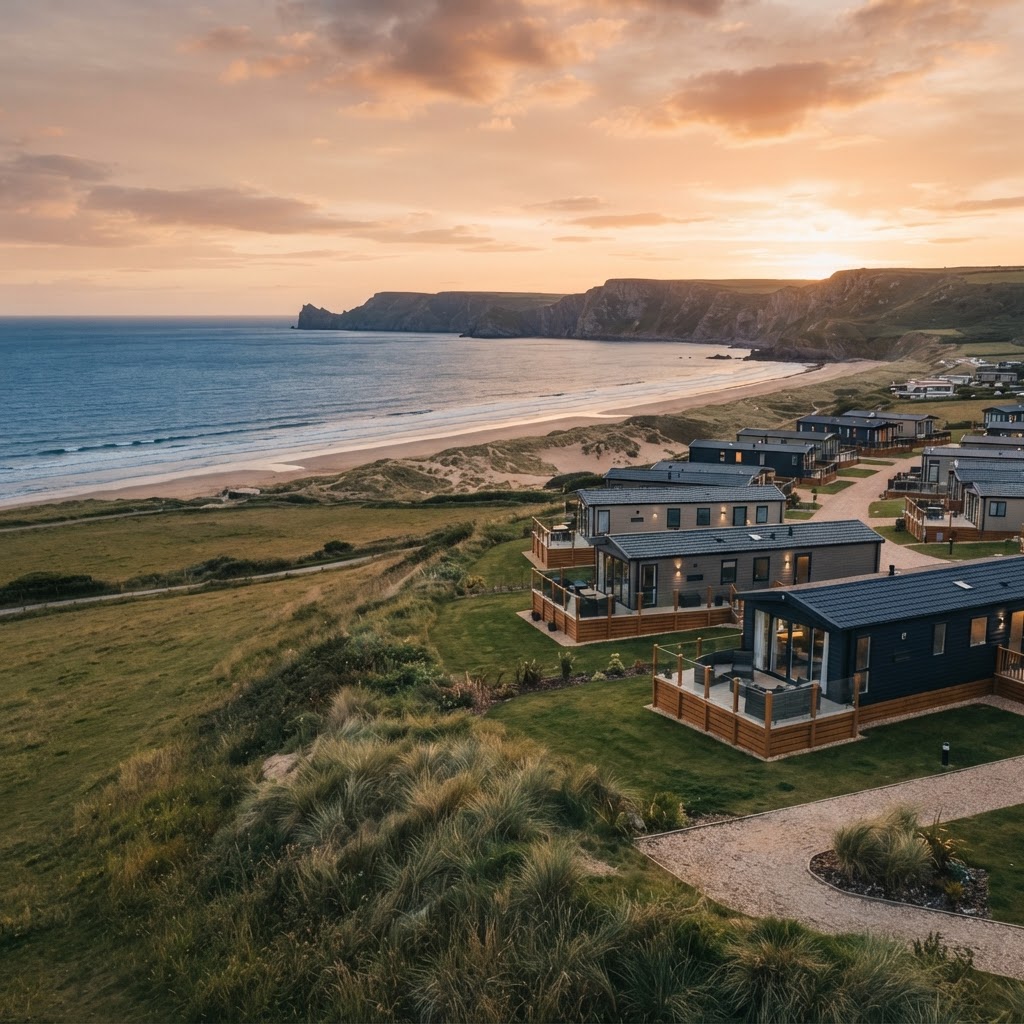 A luxury static caravan overlooking a British coastal bay at sunset