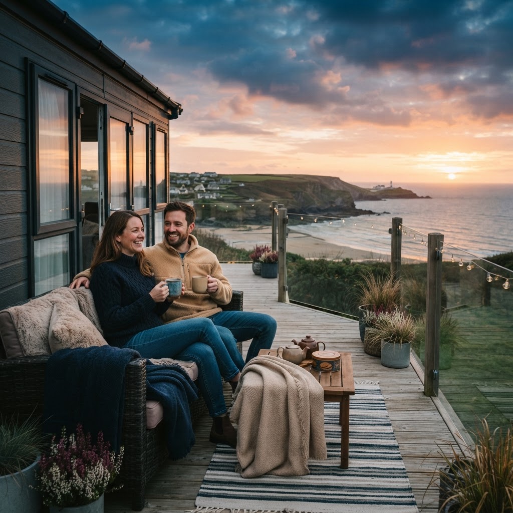 A couple relaxing on the decking of a static caravan at sunset