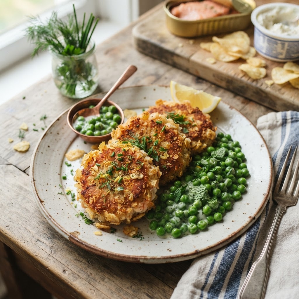 Ricotta + Potato Chip Fish Cakes with Peas
