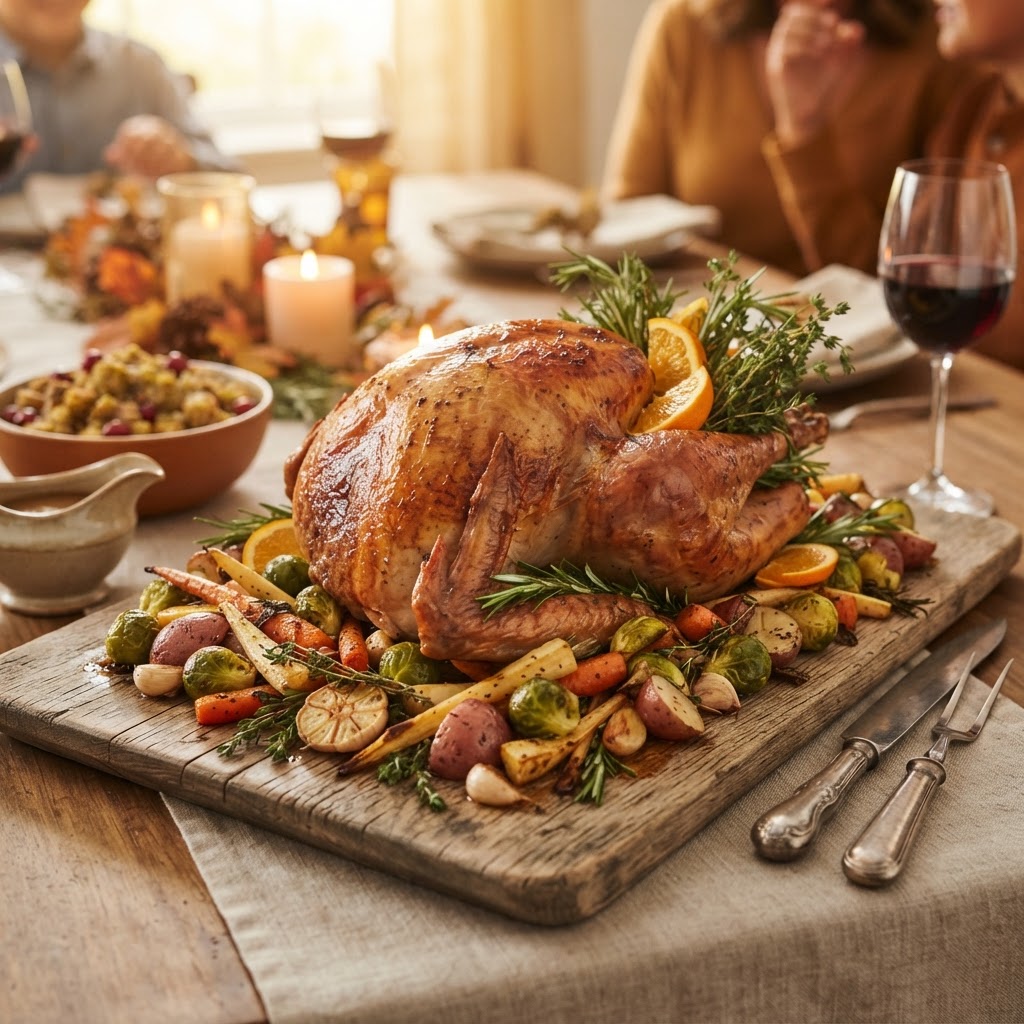 Roasted whole turkey garnished with fresh herbs