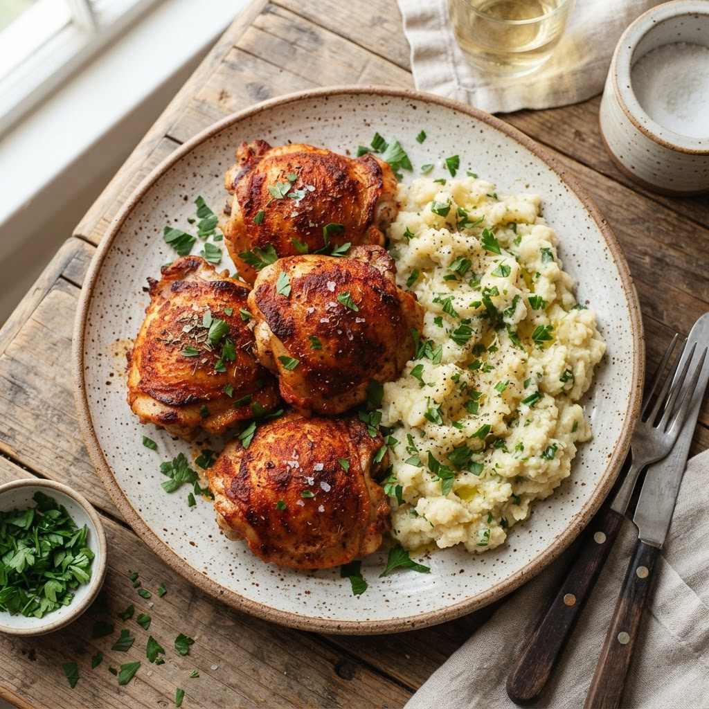 Paprika-Rubbed Chicken Thighs with Smashed Cauliflower