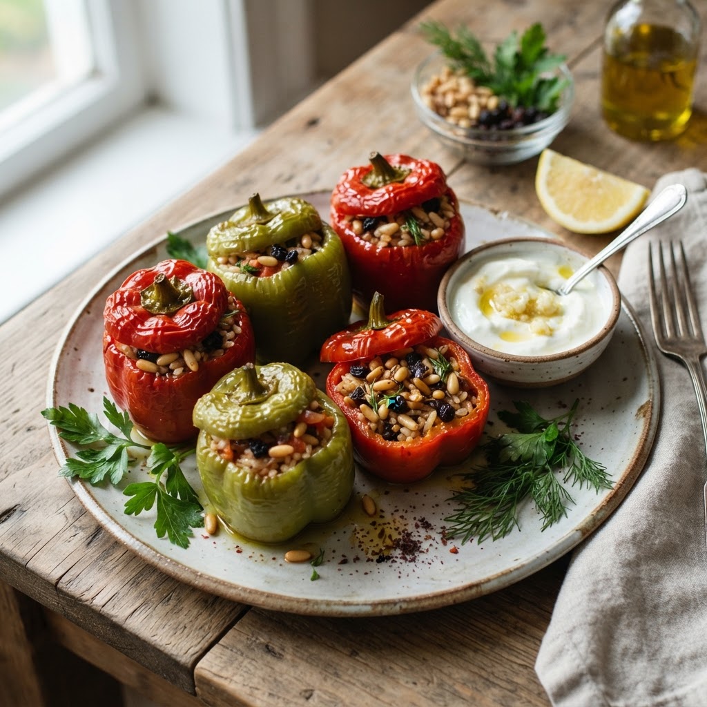 Bell Peppers Stuffed with Rice, Raisins, and Pine Nuts 
