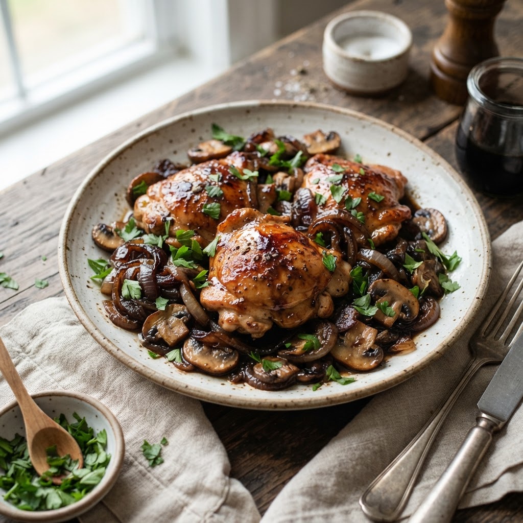 Balsamic Chicken Thighs with Mushrooms and Caramelized Onions