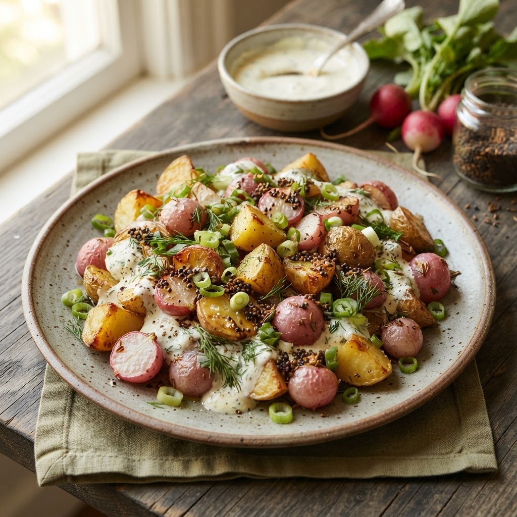 Roasted Radish and Potato Salad with Black Mustard and Cumin Seeds