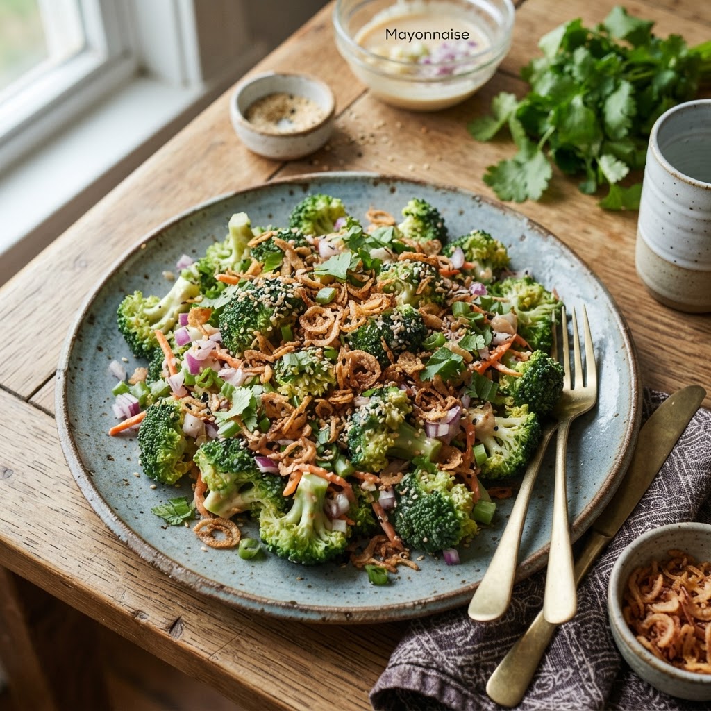 Asian Broccoli Salad with Crispy Shallots