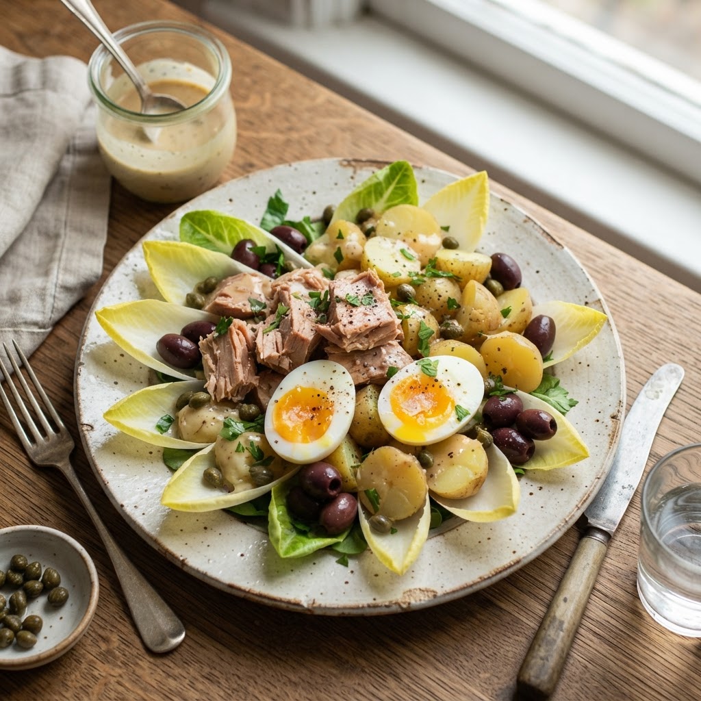 Salad of Endive, Soft Egg, Tuna, Olive and Potato with Creamy Anchovy Dressing