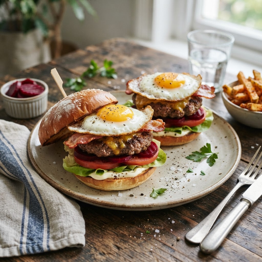 Beef Burgers with Fried Egg and Beetroot